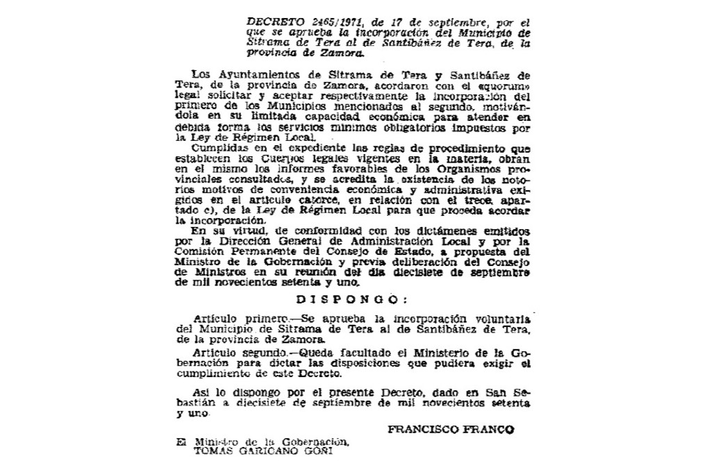 Disolución ayuntamiento de Sitrama de Tera 1971