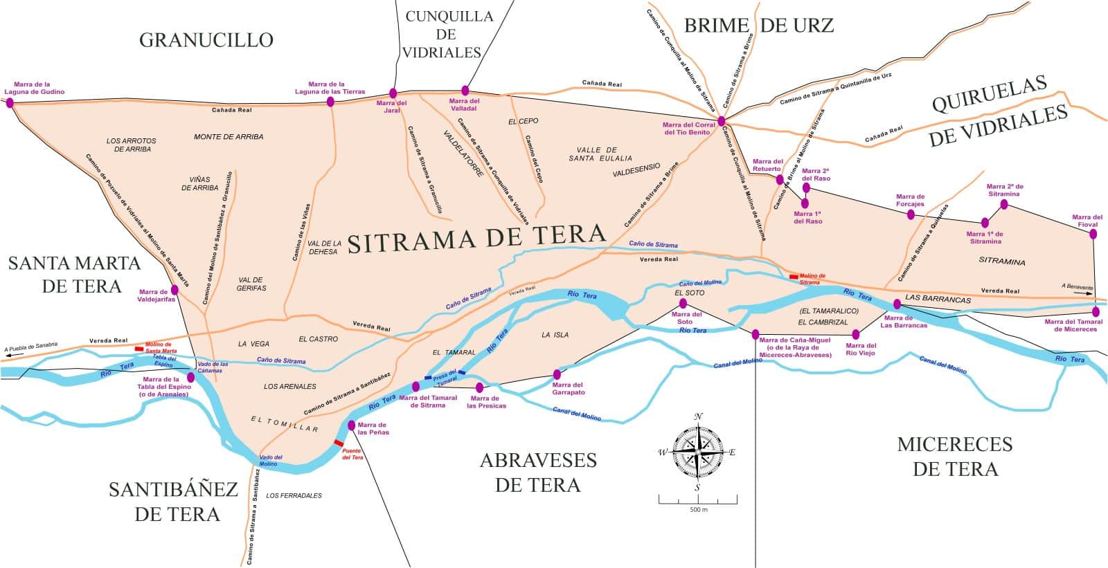 Mapa Sitrama de Tera con fronteras y mojones