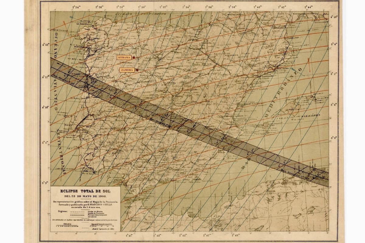 Representaci&oacute;n del eclipse de 1900 sobre la Pen&iacute;nsula Ib&eacute;rica y Sitrama y Zamora