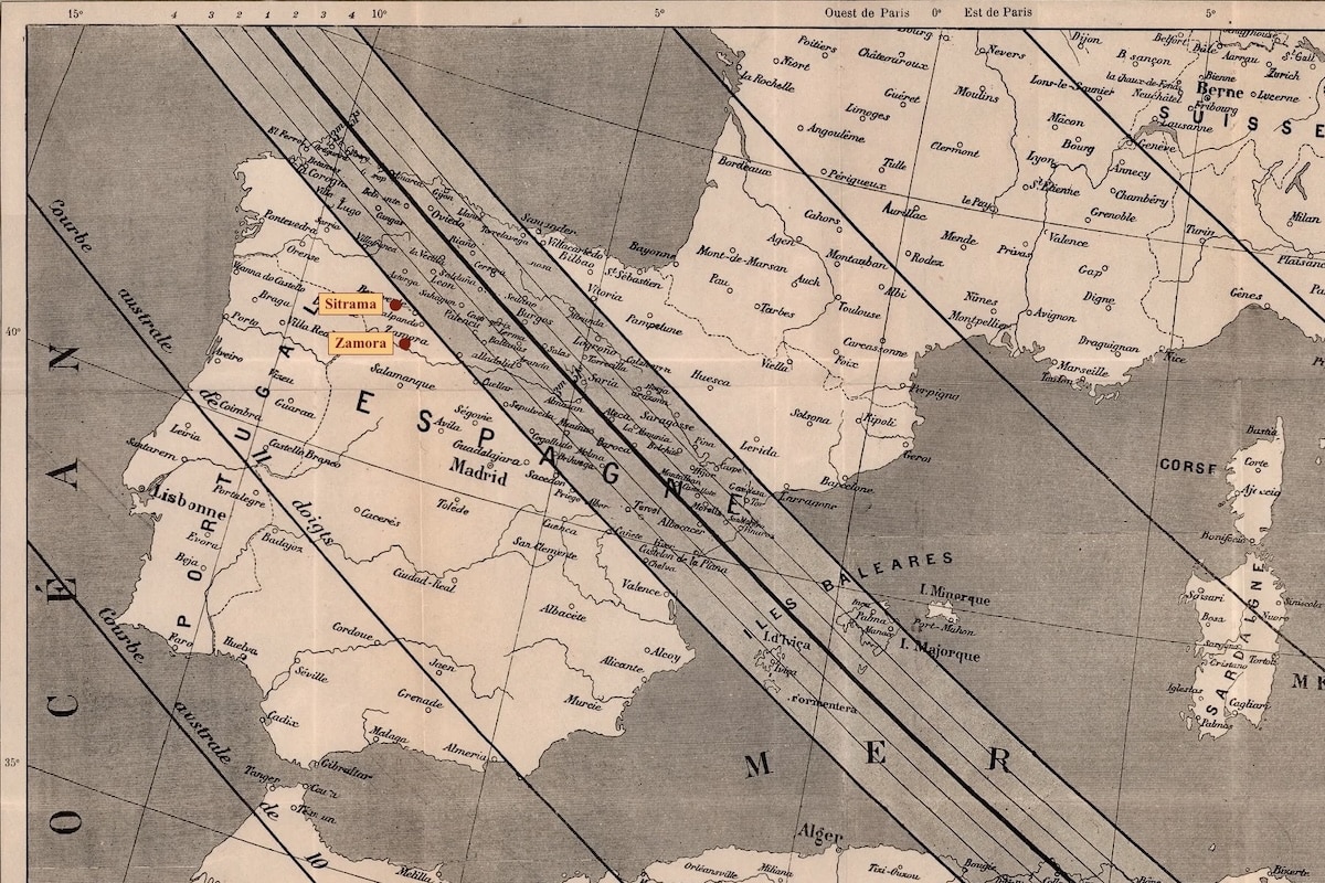Representaci&oacute;n del eclipse de 1905 sobre la Pen&iacute;nsula Ib&eacute;rica y Sitrama y Zamora